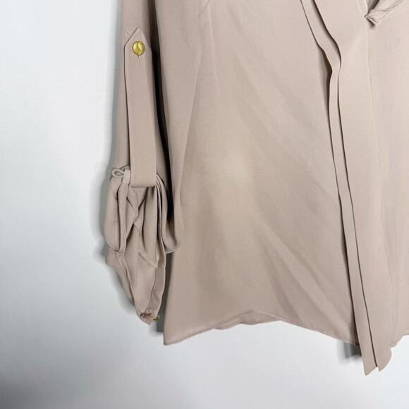 Parker XSmall XS Light Brown Beige Silk Split V Neck Blouse Roll Tab Sleeves - Picture 5 of 11